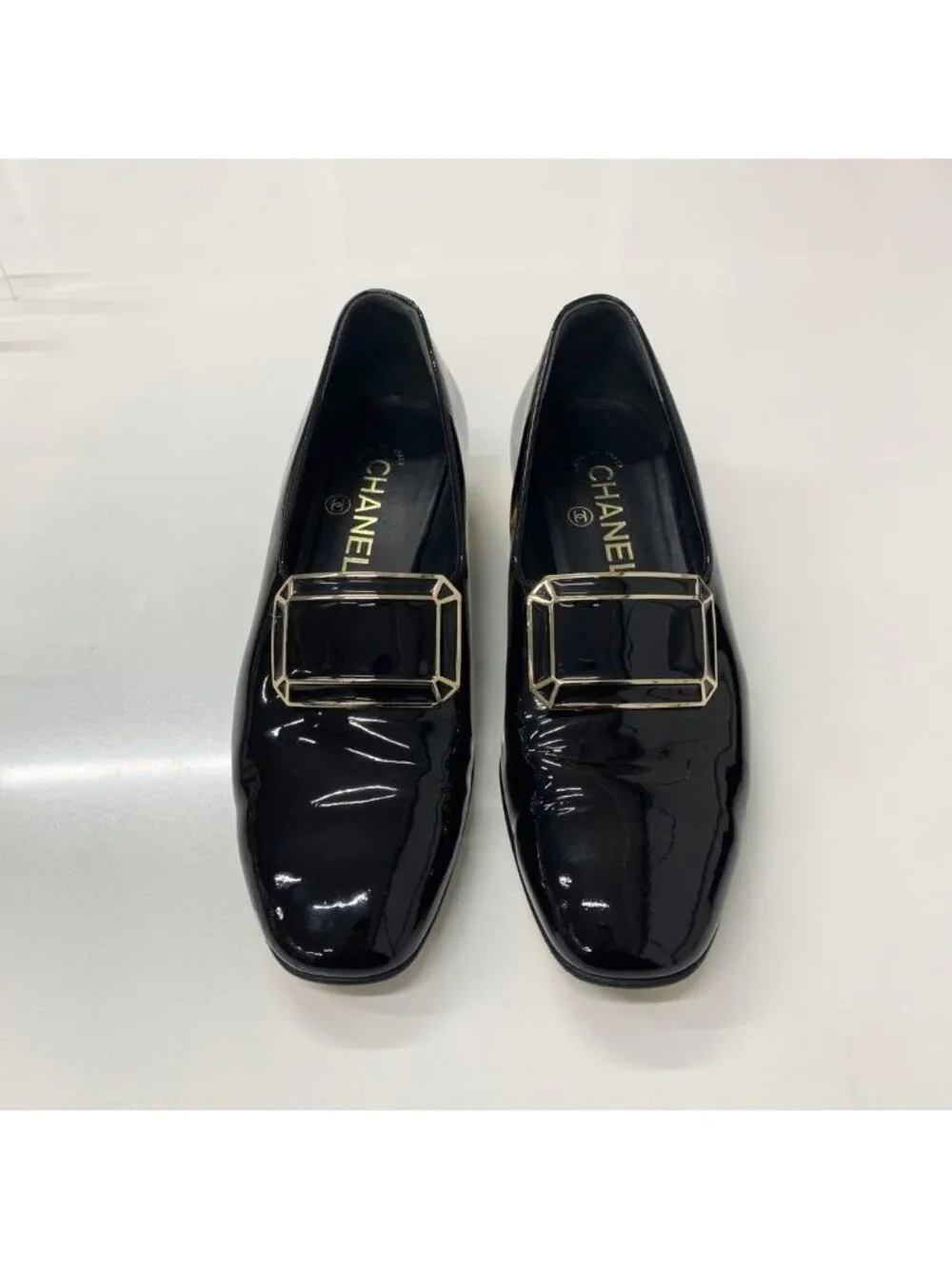 Chanel CC Logo Patent Loafers Black Gold